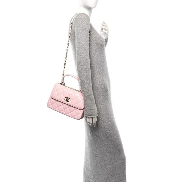 Authentic CHANEL Trendy Lambskin Quilted Small CC Dual Handle Flap Bag Pink Tote - Picture 3 of 13